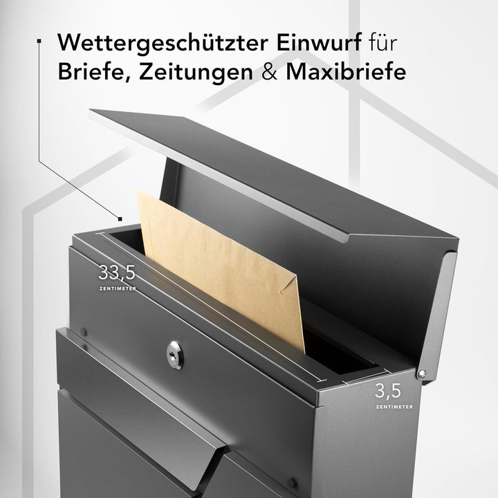 Moderner Briefkasten Personalisierbar Amsterdam Anthrazit RAL7016 - mit Zeitungsfach - Wandbriefkast