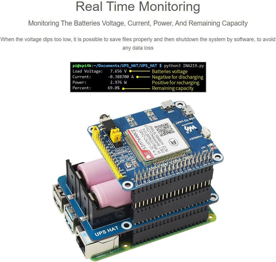 Waveshare UPS HAT for Raspberry Pi, 5V Uninterruptible Power Supply, Multi Batt Protection Circuits,