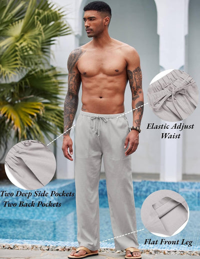 COOFANDY Herren Hose Lange Leinenhose Leicht Sommerhose Strandhose Elastische Taille Yoga Hosen Männ