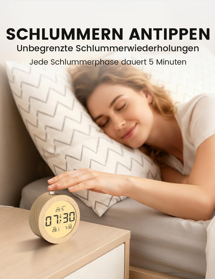 aboveClock Wecker Digital, Batteriebetriebene Uhr Tischuhr, LCD Alarm Clock Wecker Holz mit Temperat