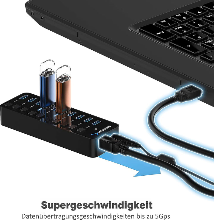 Sabrent USB Hub aktiv 3.0 mit netzteil 60W 10port, USB Adapter mehrfach Verlängerung, USB Verteiler,