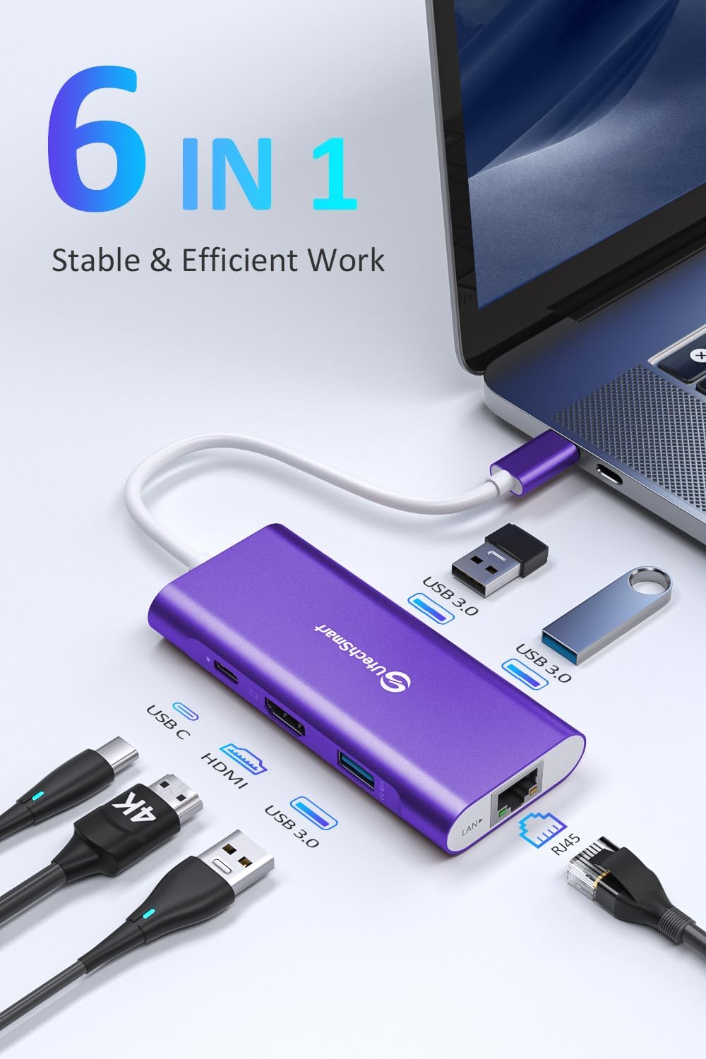 USB C Hub, UtechSmart 6 in 1 USB C zu HDMI Adapter mit 1000M Ethernet, PD 100W Ladeanschluss, 3 USB