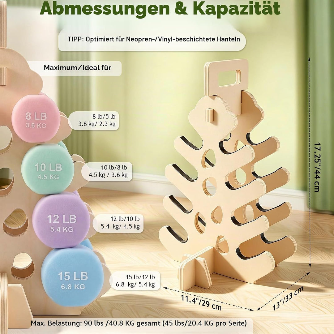Hantelständer aus Holz, 4-stufiges Hantelregal für Neopren- &amp; Vinyl-Hanteln, platzsparender Kurzhant