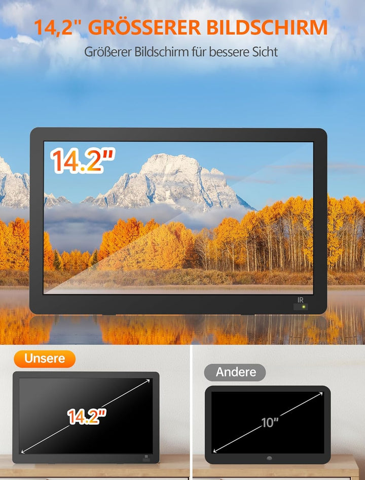 DESOBRY 14.2 Zoll Tragbare Fernseher, 1080P wiederaufladbare mit DVB-T2-Tuner, Outdoor-TV-Unterstütz