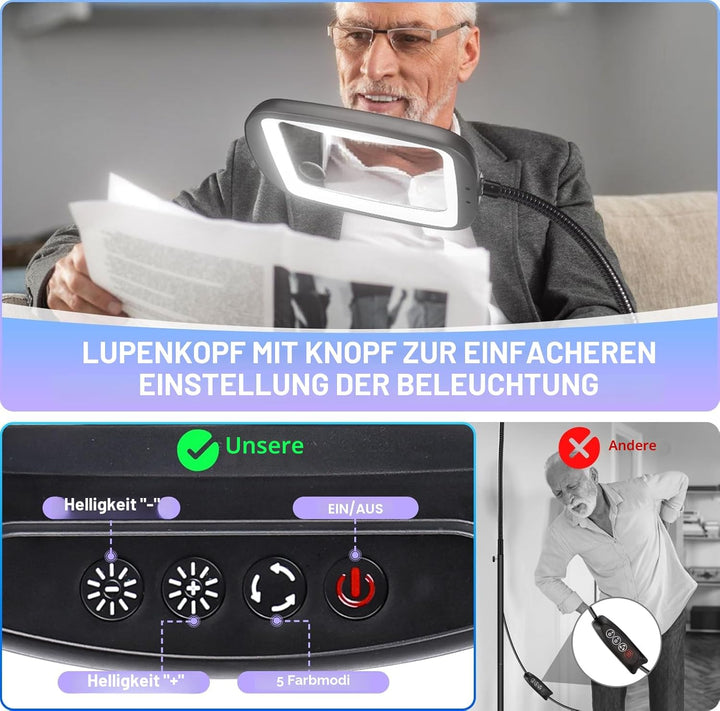 NZQXJXZ 10X Lupe mit Licht und Ständer, Flexible Schwenkarm Lupenleuchte mit 60 LED, 5 Farbmodus Dim