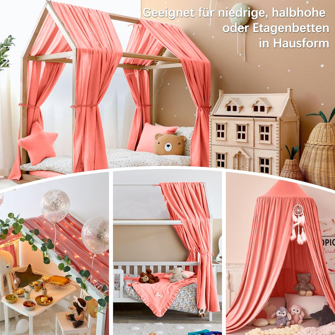 Hook Hausbett Himmel Deko Set, Betthimmel Hausbett aus Musselin - 2 Betthimmel & 1 Wimpelkette, für