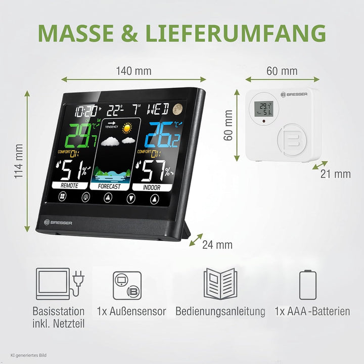 Bresser MeteoTemp BF Funk Wetterstation mit Touch-Display, Aussensensor, Wettervorhersage, Raumklima