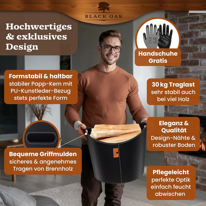 BLACK OAK DAKOTA L 40L Holzkorb für Kaminholz - Kunstleder schwarz 30kg Traglast - 40 Liter 40x38x32