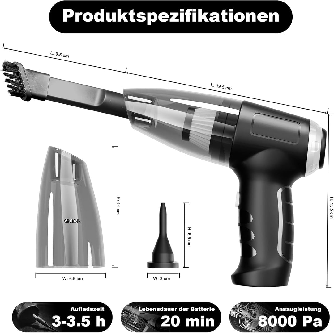 Jingyunali Tragbarer Handstaubsauger - Kabelloser Staubsauger mit 8000PA Saugkraft für Autos, Haus,