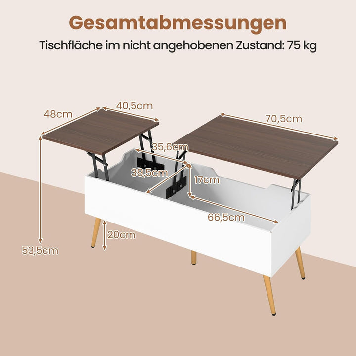 COSTWAY Couchtisch höhenverstellbar, Wohnzimmertisch mit anhebbarer Tischplatte & 2 versteckten Abla