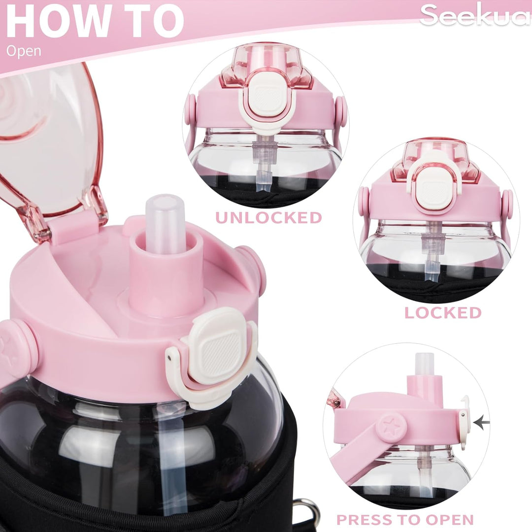 Seekua 1l Trinkflasche Glas Flasche mit Strohhalm & Zeitmarkierung, 1 liter Wasserflasche mit Frücht