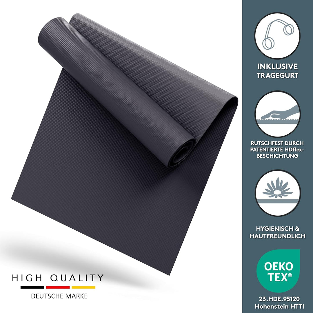 LILENO SPORTS Yoga Matte (180x60cm) inkl. Tragegurt - Sport und Yogamatte extra rutschfest in 4 mm D