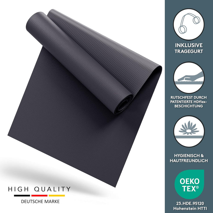LILENO SPORTS Yoga Matte (180x60cm) inkl. Tragegurt - Sport und Yogamatte extra rutschfest in 4 mm D