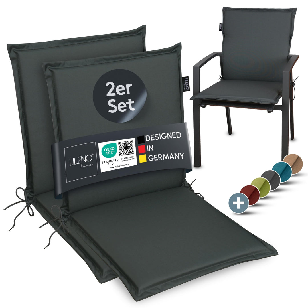 LILENO HOME Gartenstuhl Auflagen [2er Set - Niedriglehner] in Anthrazit - Bequeme Liegen als Sitzauf