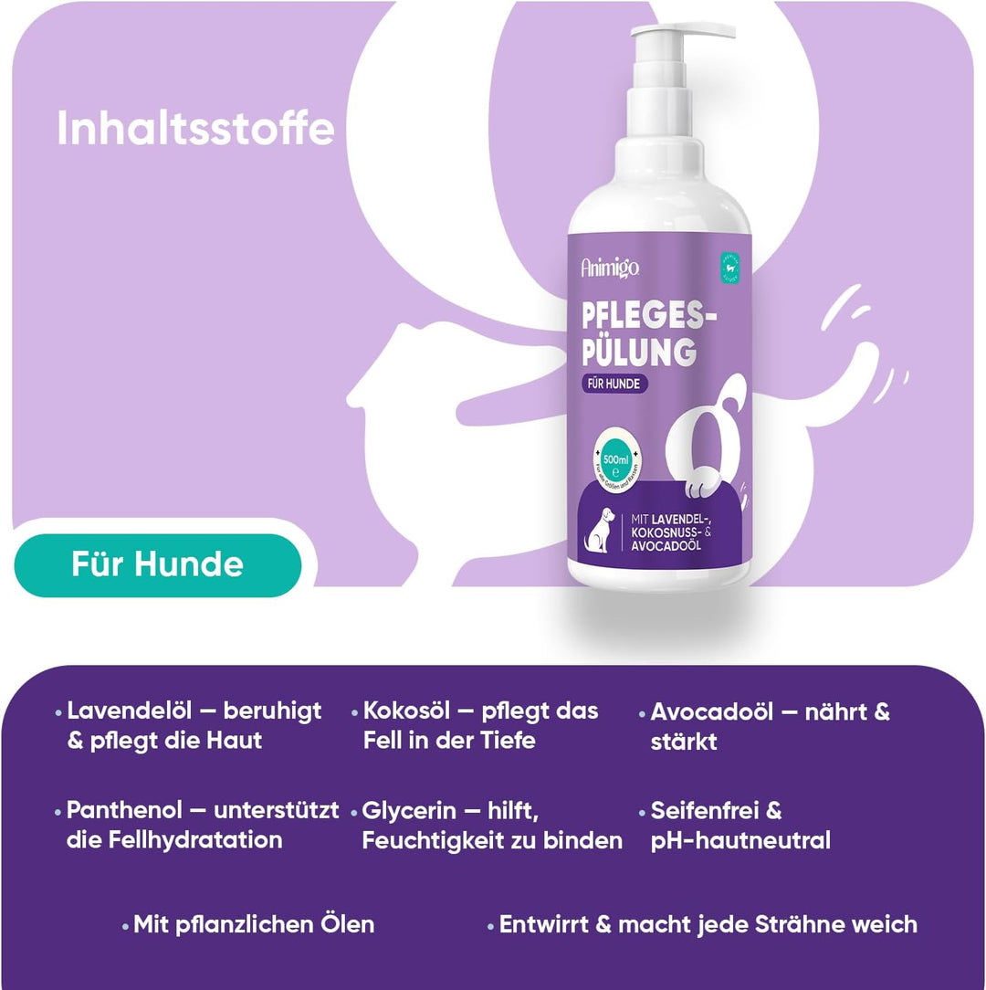 animigo Conditioner für Hunde &amp; Katzen - 500ml Spülung - Mit Kokosöl &amp; Avocadoöl - Für Langhaar &amp; Ku