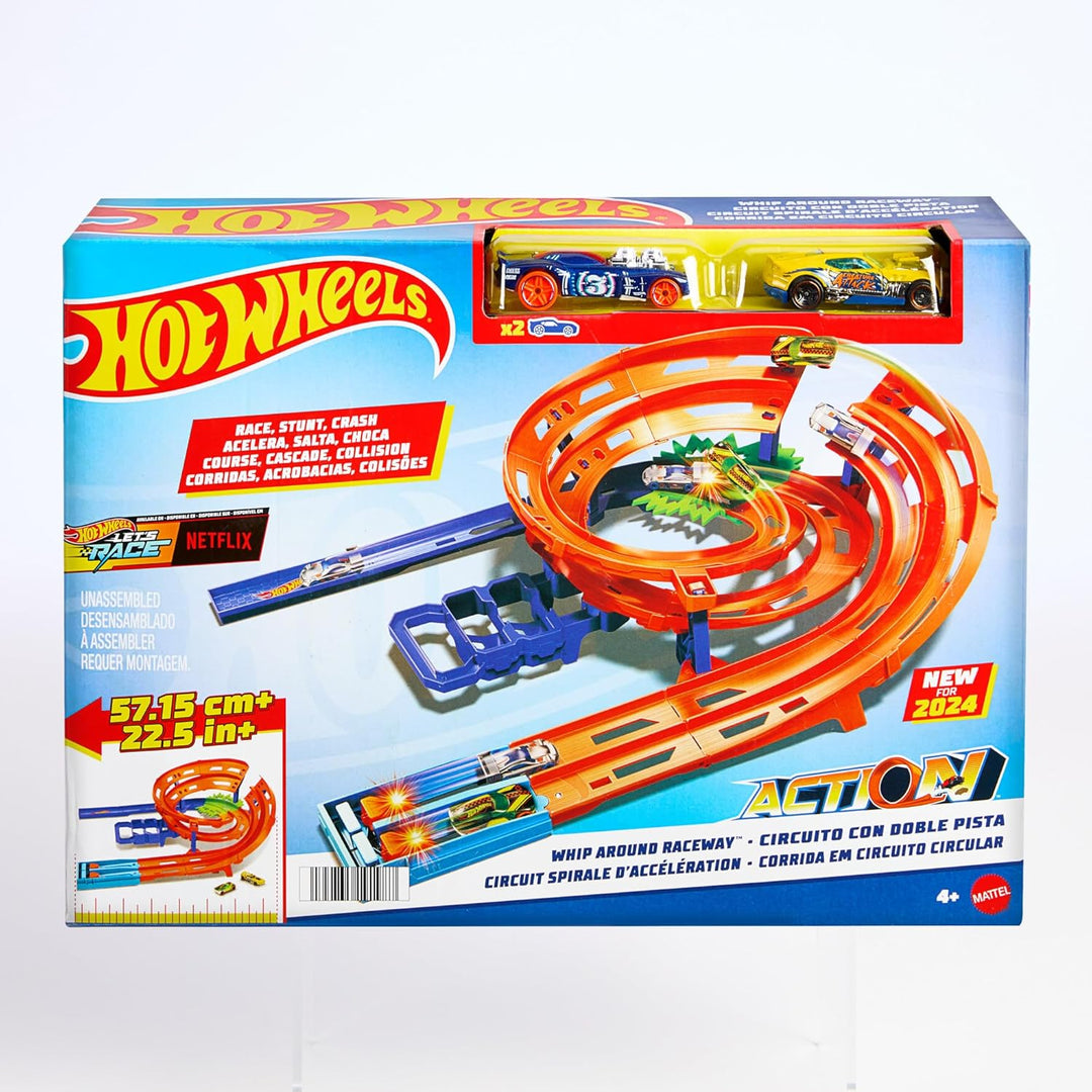 Hot Wheels Spielzeugauto-Trackset, Steilkurven-Rennstrecke, 2 Spielzeugautos im Massstab 1:64, einfa