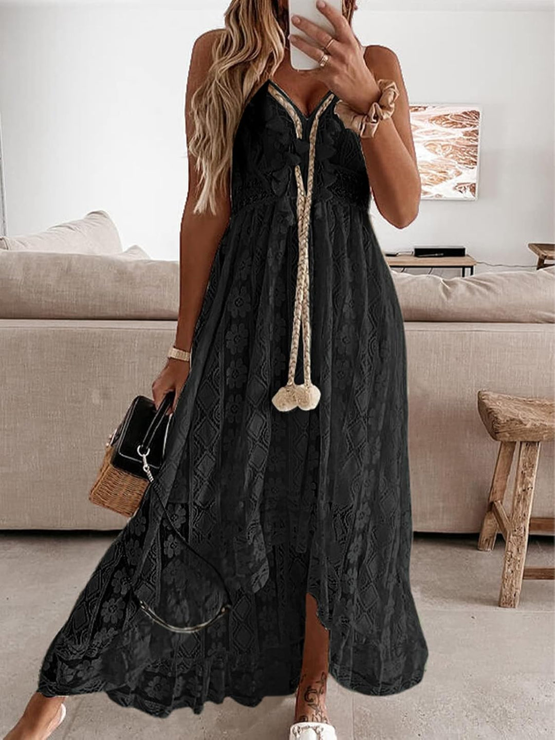 CUPSHE Damen Sommerkleid V Ausschnitt Floral Spitze Quasten Spaghetti Trägerkleid Freizeitkleider Hi