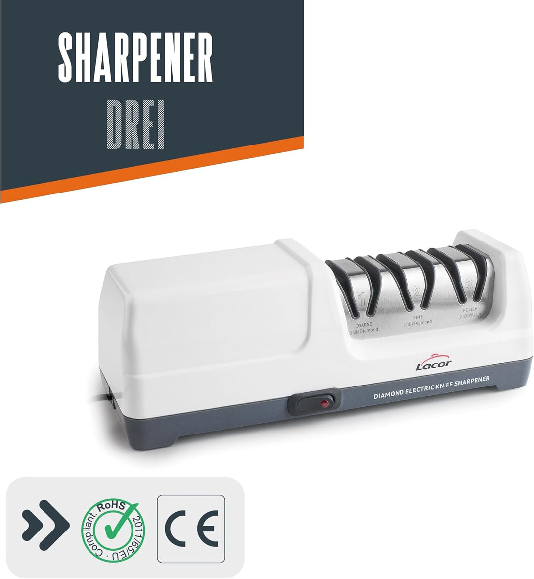 Lacor - 69432 - Drei Messerschärfer, elektrisch 18 W, 3 Stufen, mit Diamantscheiben, Für Stahl- und