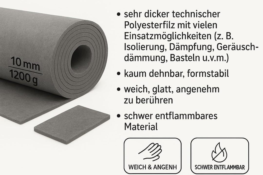 Dicker grauer Filzstoff 10 mm – 160x50 cm – robuster Polyesterfilz für Handwerk, Dämmung & Schallsch