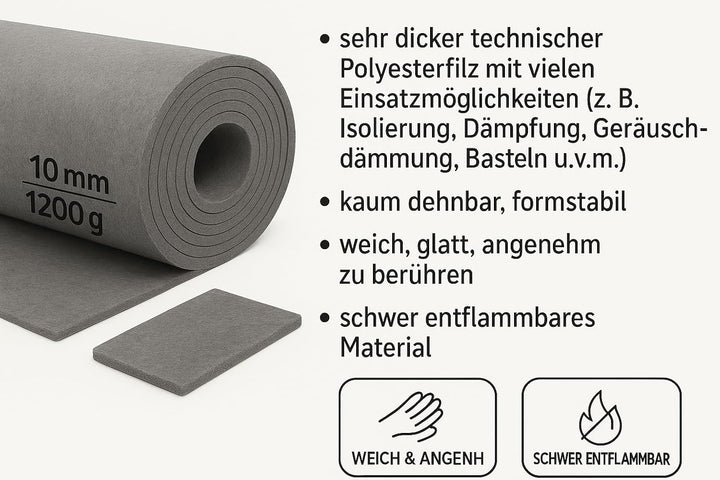 Dicker grauer Filzstoff 10 mm – 160x50 cm – robuster Polyesterfilz für Handwerk, Dämmung & Schallsch