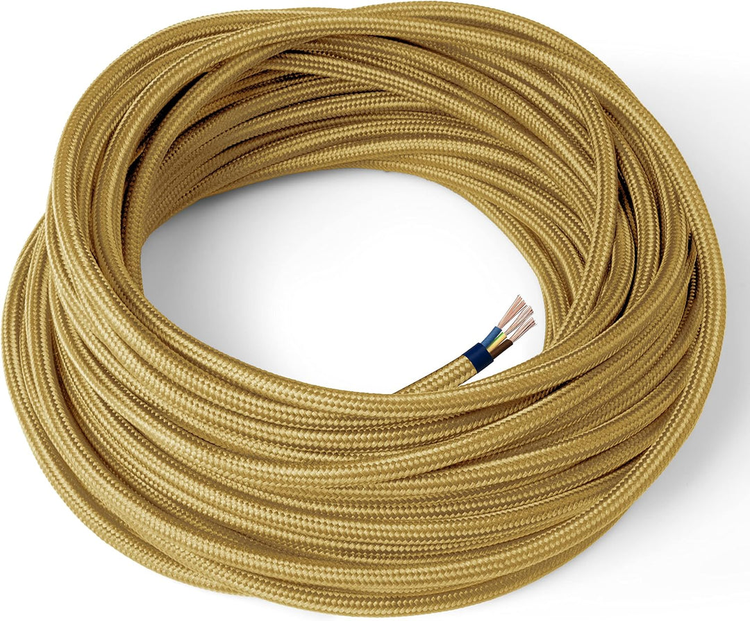 Amarcords - Textilkabel für Lampen GOLD, rund, Seide, 5 Meter, mit Erdung 3x0,75 - Stoffkabel mit fa