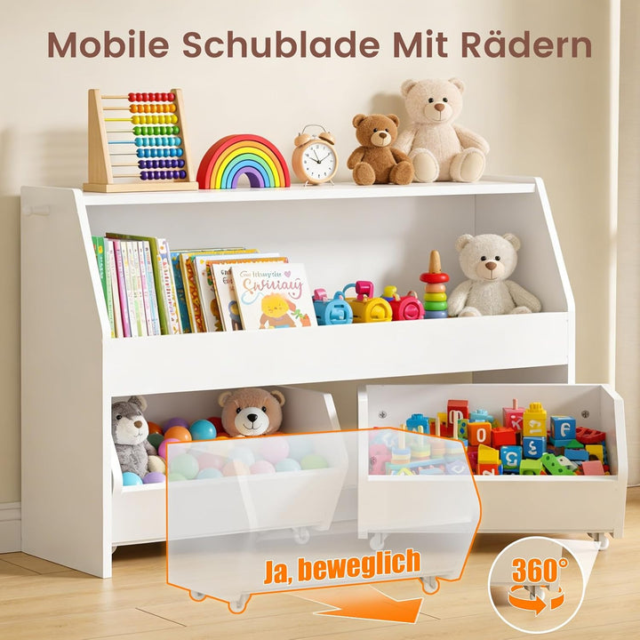Kinderregal mit Boxen auf Rollen, Spielzeug Aufbewahrung, Kinderschrank Holz, Spielzeugregal Möbel f