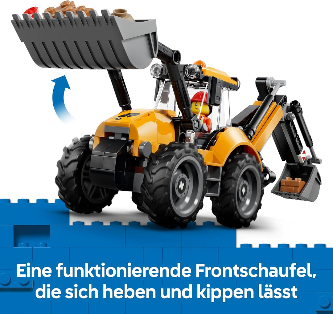 LEGO City Gelber Baggerlader - Baufahrzeug Spielzeug - Traktor mit 2 Minifiguren, funktionierender F