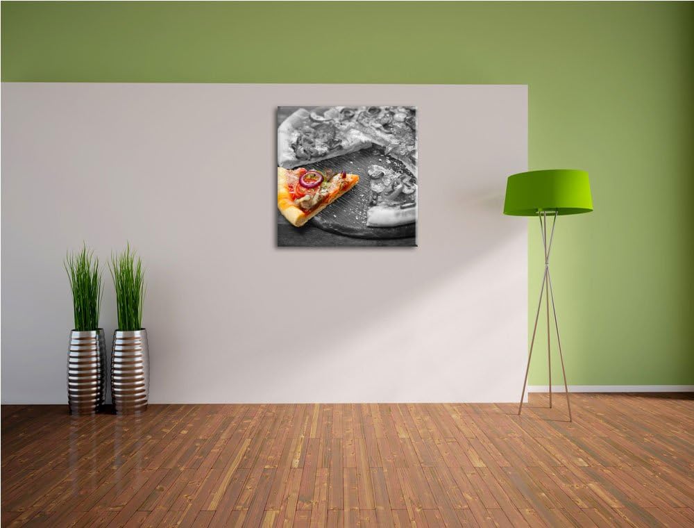 Pixxprint geschnittene Pizza auf Holzbrett schwarz/weiss, Format: 70x70 auf Leinwand, 70x70