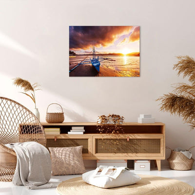 Bilder auf Leinwand Ufer Boot Strand Leinwandbild mit Rahmen 70x50cm Wandbilder Dekoration Wohnzimme