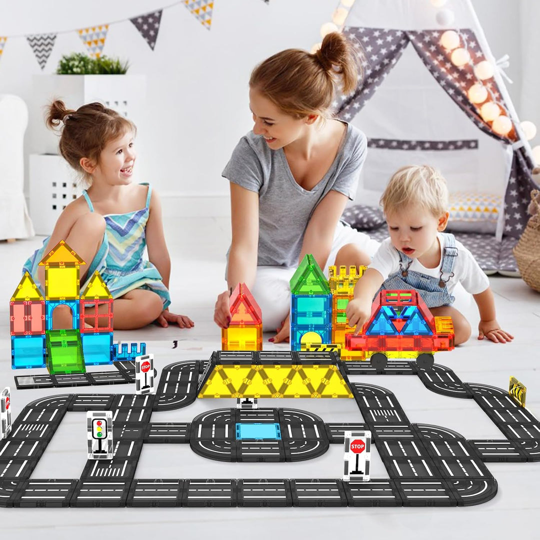 Magnetische Bausteine,Magnet Fliesen Spiel Stadt Strassen,STEM Lern Spielzeug für 3+ Jahre alt Junge