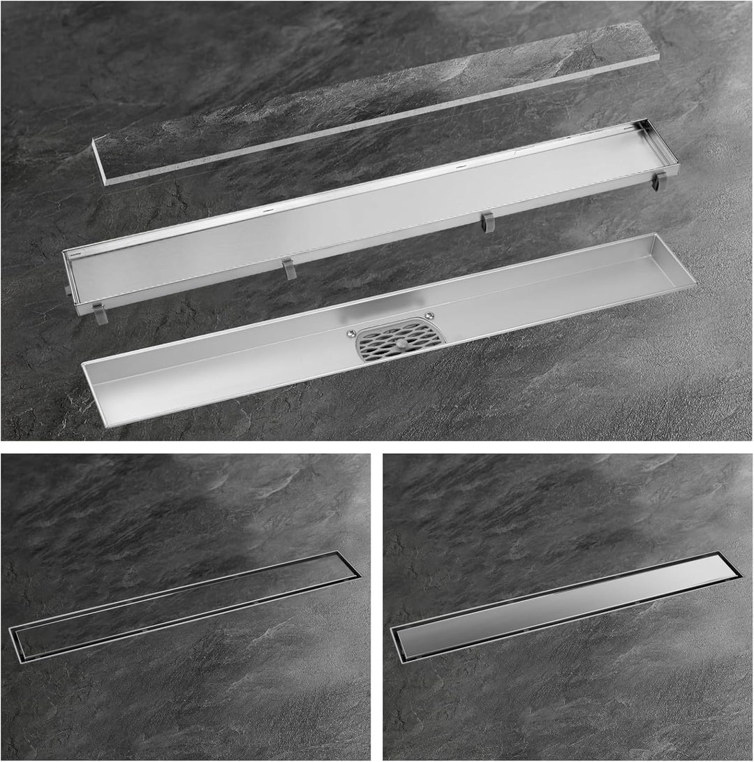 Duschrinne 70cm Edelstahl Bodenablauf 2-in-1 doppelseitig, Flieseneinsatz Ablaufrinne,schnelle Entwä