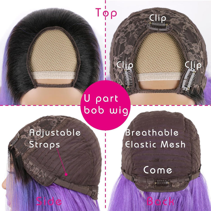 Huarisi Schwarze zu lila Bob Perücken u Teil Echthaar Menschliches Haar 10 Zoll 8a Short Wigs Straig