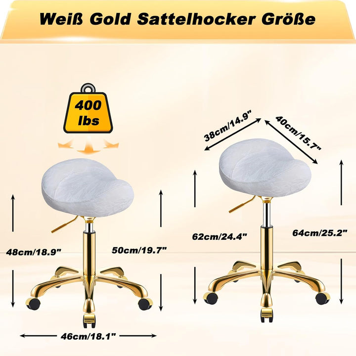 Gold Sattelhocker mit Rollen, Professionelle Rollhocker Höhenverstellbar, PU Leder Drehhocker, Salon
