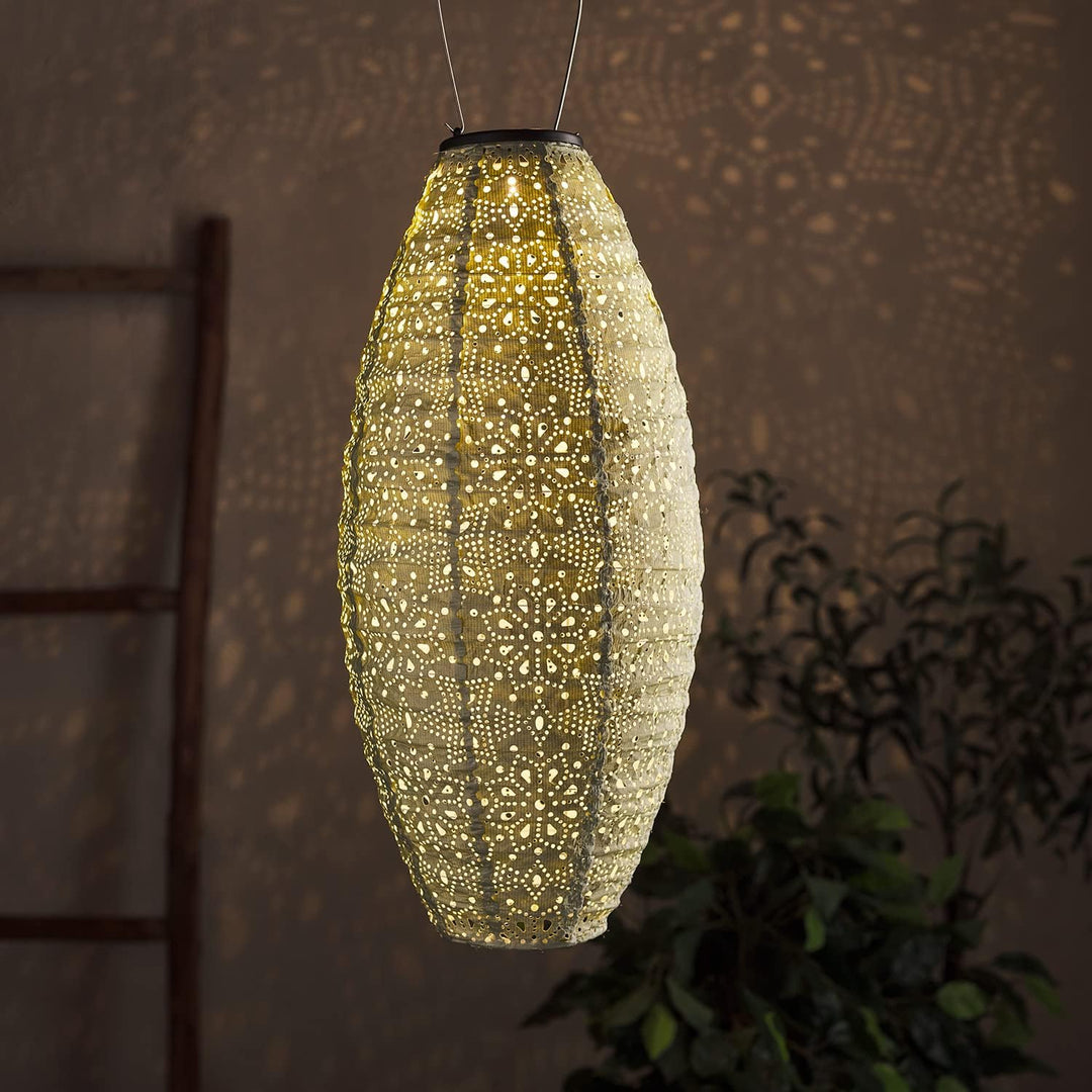 Lights4fun LED Solar Lampion Grün Oval Tyvek Marokkanische Laterne Aussenbereich