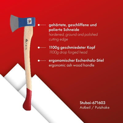 Stubai Astbeil mit Stiel, 1100 g, 671603 Eschenholzstiel 1100 g, Eschenholzstiel 1100 g