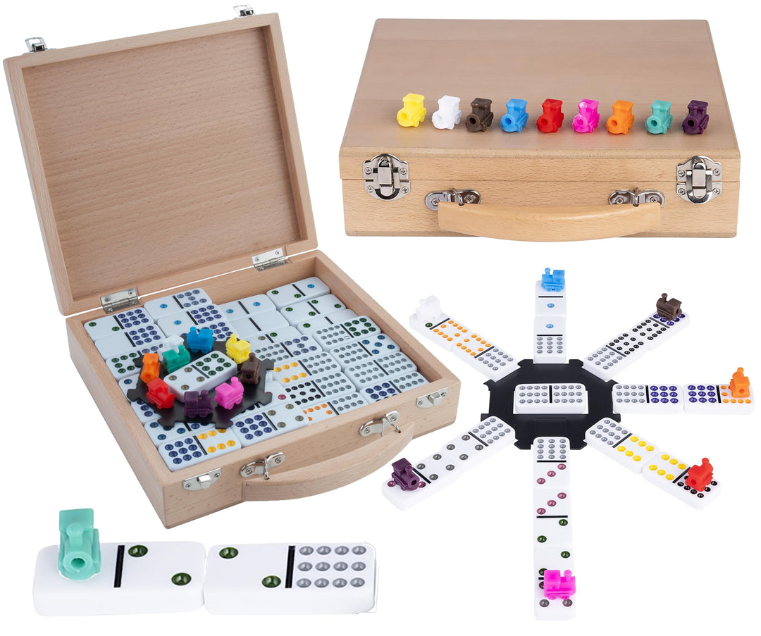 Engelhart - 250150 - Mexikanischer Dominozug D12 - Mexican Train Domino mit hochwertigem Holz Koffer