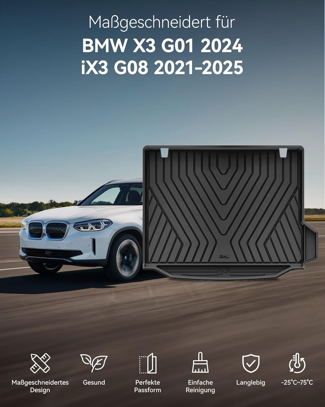 3W kofferraumwanne für BMW X3 G01 2024/iX3 G01 2021-2025, Nicht für PHEV, Thorex™ Allwetter Massgesc