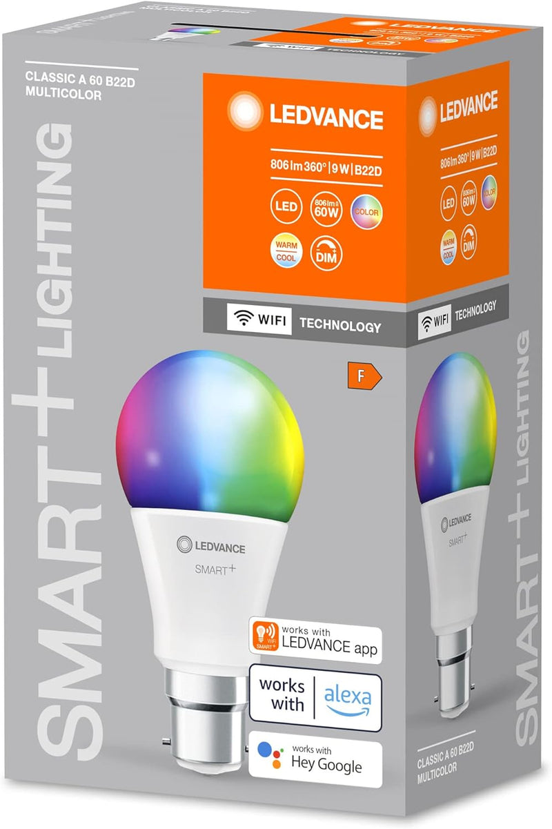 LEDVANCE Smarte LED-Lampe mit WiFi-Technologie für B22d-Sockel, matte Optik ,RGBW-Farben änderbar, L