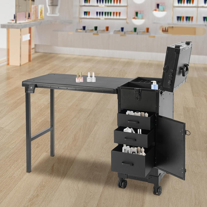 Professioneller Schminkkoffer mit Klappbarer Tisch, Rollender Friseurkoffer mit Spiegel & 3 Schublad