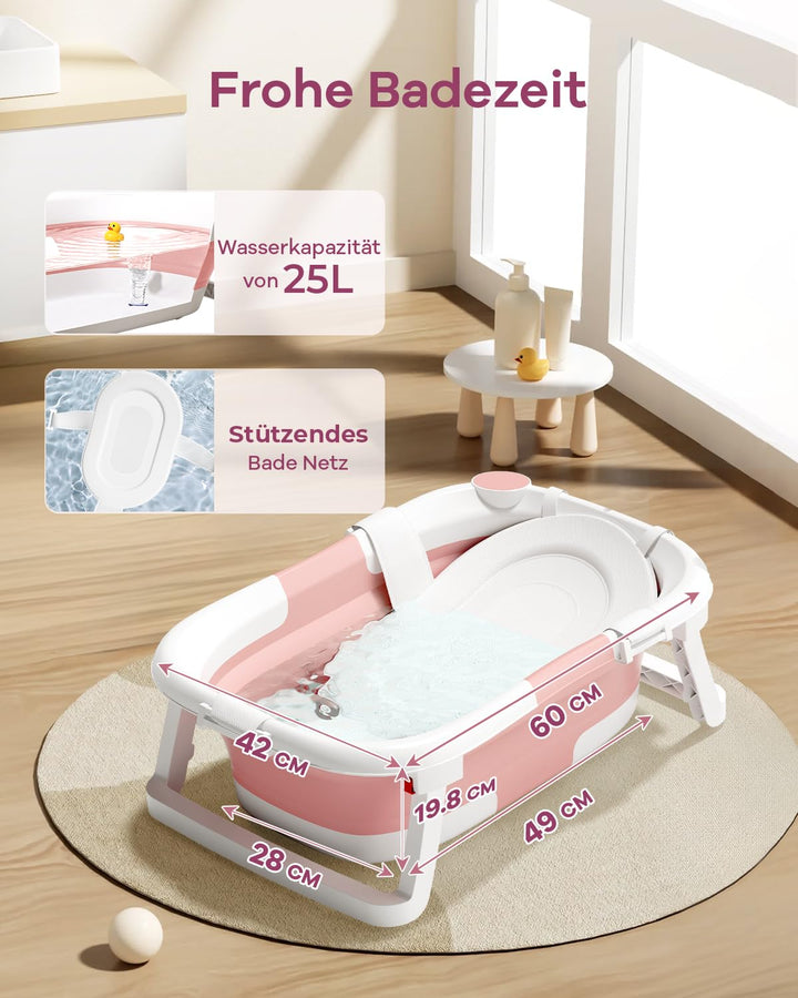 2-in-1 Baby Badewanne mit Gestell, Faltbare Badewanne Baby mit Badestütznetz, Geeignet für Neugebore