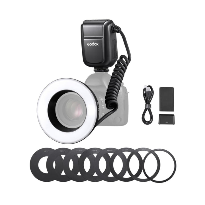 Godox MF-R76 Macro Ring Blitzlicht GN14 10 Stufen einstellbare Helligkeit mit 8 Stück Adapterring Gr