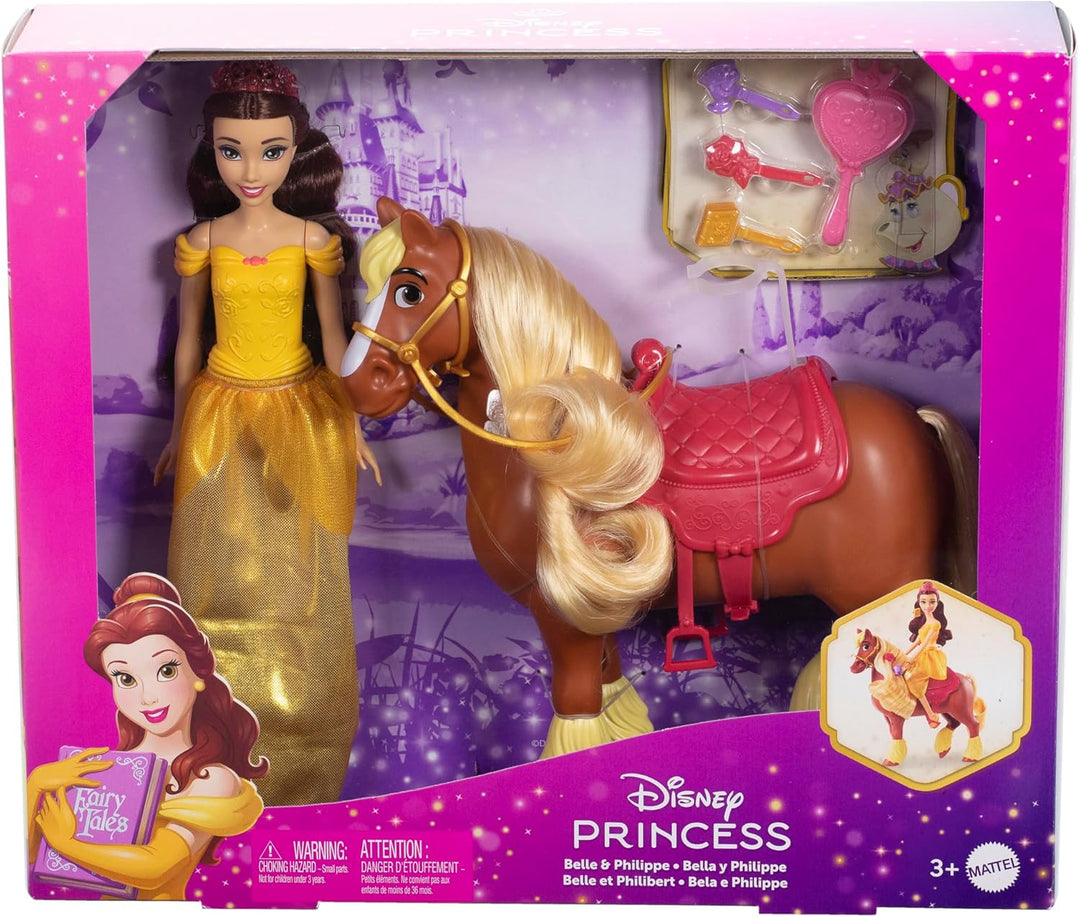 Mattel Disney Princess Toys, Belle Fashion Doll & Philippe Horse mit Sattel, bürstbare Mähne & Schwa