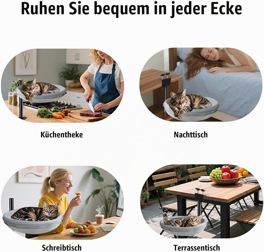 Katzenbett Schreibtisch,Kann 360°Drehen,Höhenverstellbar,Mit 4 Abnehmbaren Und Waschbaren Bettbezüge