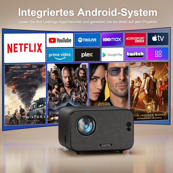 Smart Mini Beamer 4K kompatibel mit Apps XuanPad 30000 Lumen Beamer mit Autofokus & Trapezkorrektur,