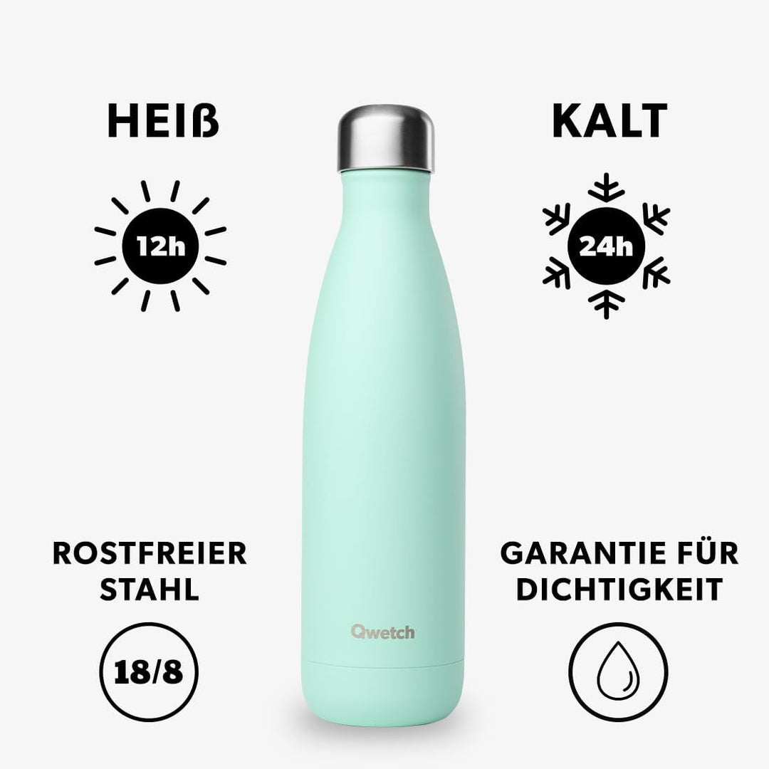 QWETCH - Isothermische Originals Flasche - Pastel Grün 500ml - Nomadische Edelstahlflasche - 24h Kal