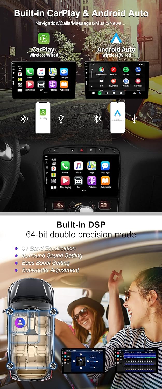 SXAUTO Android 12 IPS Autoradio für Peugeot 308/408 (2010-2016) - Eingebaut Carplay/Android Auto/DSP