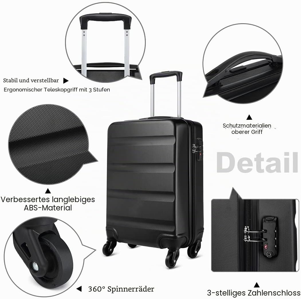 KONO Hartschalen ABS Koffer Trolley Rollkoffer Reisekoffer mit 4 Rollen Schwarz Handgepäck, Schwarz