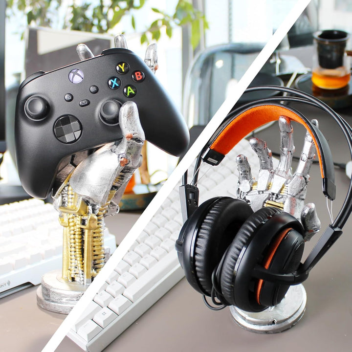 Cyberpunk Kunstwerk – Gaming Kopfhörerständer und Controller Ständer – Futuristisches Metalloptik De
