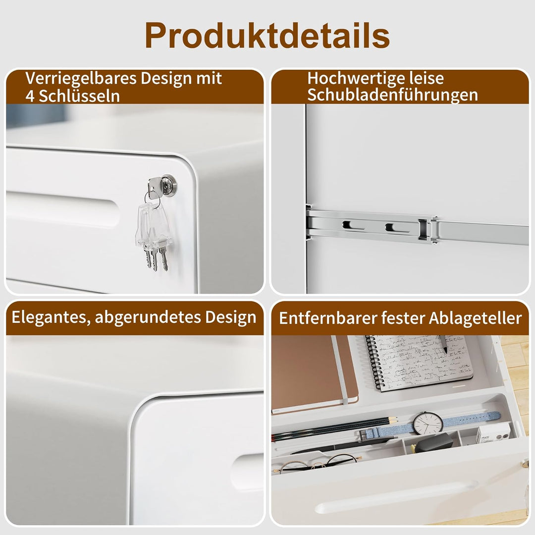 Rollcontainer, Mobiler Aktenschrank mit Schloss, Abgerundeten Ecken, 4 Schlüssel, 3 Schubladen, Druc