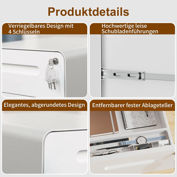 Rollcontainer, Mobiler Aktenschrank mit Schloss, Abgerundeten Ecken, 4 Schlüssel, 3 Schubladen, Druc